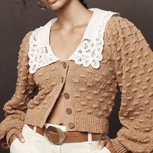 BALLOON-SLEEVE COLLARED CARDIGAN SWEATER